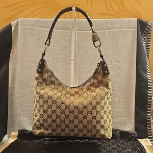 Gucci GG Canvas Leather Hobo Shoulder Bag